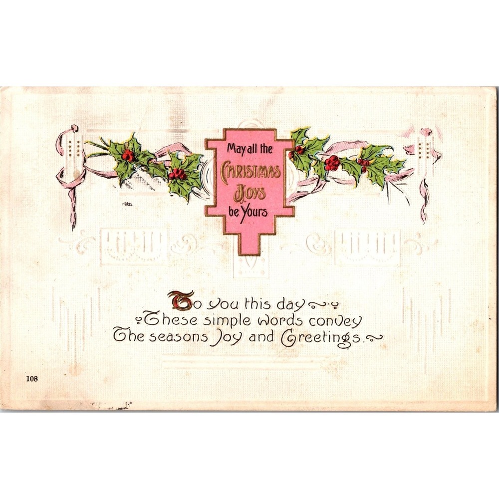 Vintage 1914 Embossed Christmas Postcard‎ with Holly & Gold Lettering